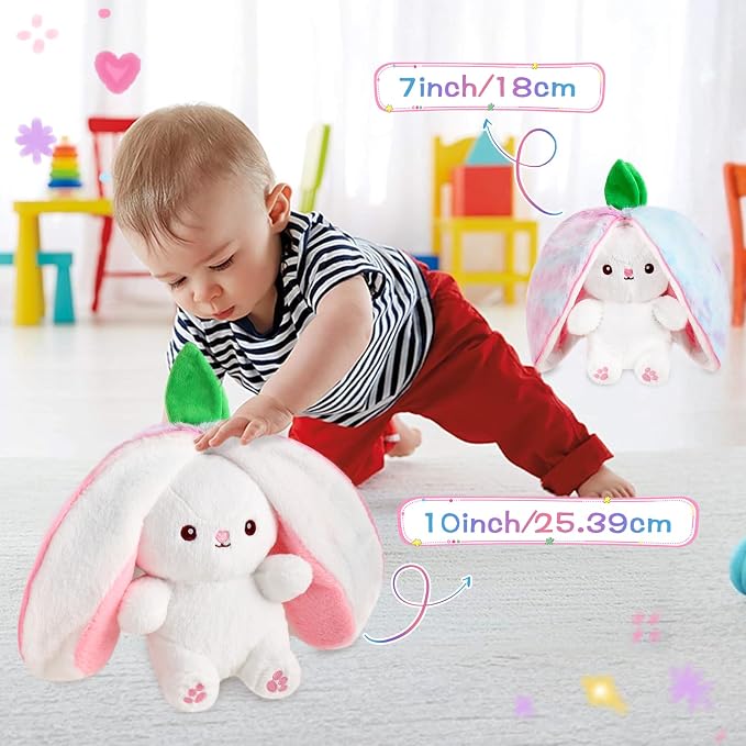 MIAODAM Rainbow Strawberry Bunny Stuffed Animal, Strawberry Bunny Plush Turn Into Rabbit Fruit Doll, Plushie Cute Bunny Toy for Kids (10 inch)