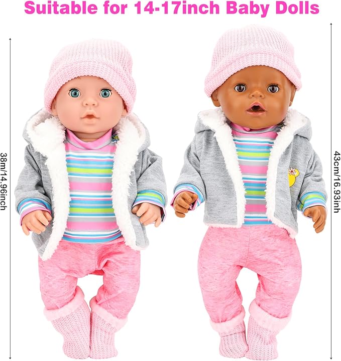 5 Pieces Baby Doll Clothes & Accessories with Outfit, Hat, Coat, Socks, Hanger for 14-16 inch Baby Dolls and 18 Inch Girl Doll(Doll NOT Include)