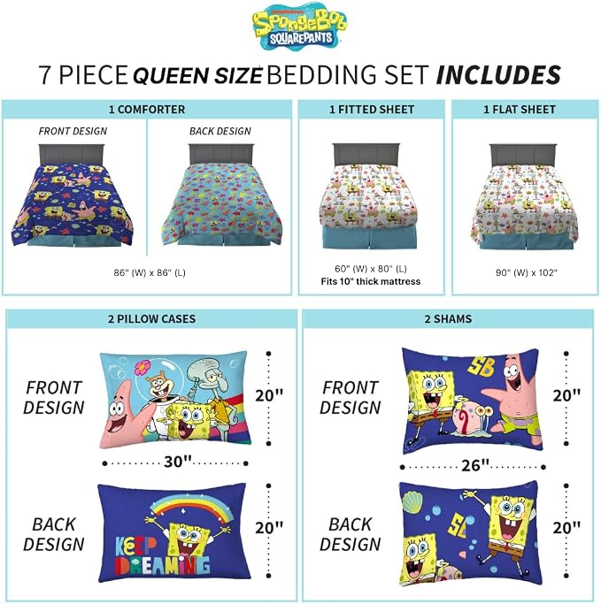 Spongebob Squarepants Kids Bedding Super Soft & Cozy Reversible Microfiber Comforter and Sheet Set with Sham, 7 Piece Queen Size, (Officially Licensed Product) By Franco