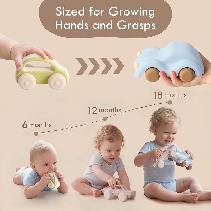 Moonkie Food Grade Silicone Toy Cars for Babies & Toddlers, Push and Go Baby Car Toys 6–12 Months, Hollow Design Infant Toys, Baby Teething Toys 4–6 Months, Birthday Gifts for Boys & Girls, 3 Pack