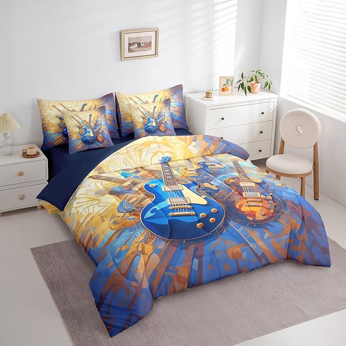 Feelyou Guitar Comforter Set with Sheets Queen Size Rock Music Bed in a Bag for Boys Girls Teens Yellow Blue 7 Pieces Bedding Set Soft Lightweight Microfiber