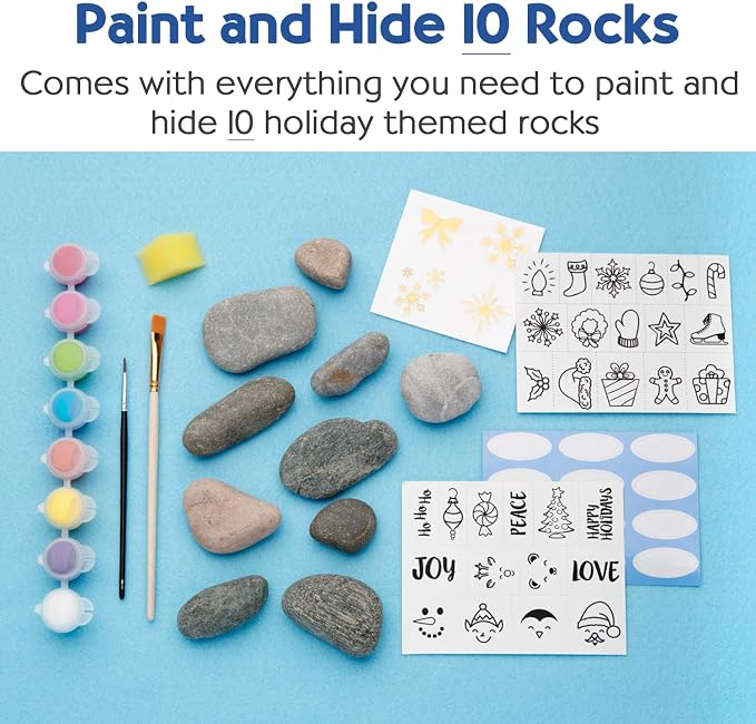 Creativity for Kids Holiday Hide & Seek Rock Painting Kit | Paint, Decorate & Hide 10 Festive Rocks | DIY Christmas Craft Kit for Kids to Inspire Creativity & Kindness (Ages 6+)