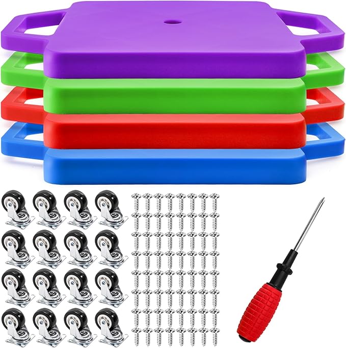 AVLA 4 Pack Sports Scooter Board with Handles, Plastic Casters Floor Scooters for Kids, Indoor Sitting Scooter with Rollers, Physical Education for Home, Homeschool Supplies