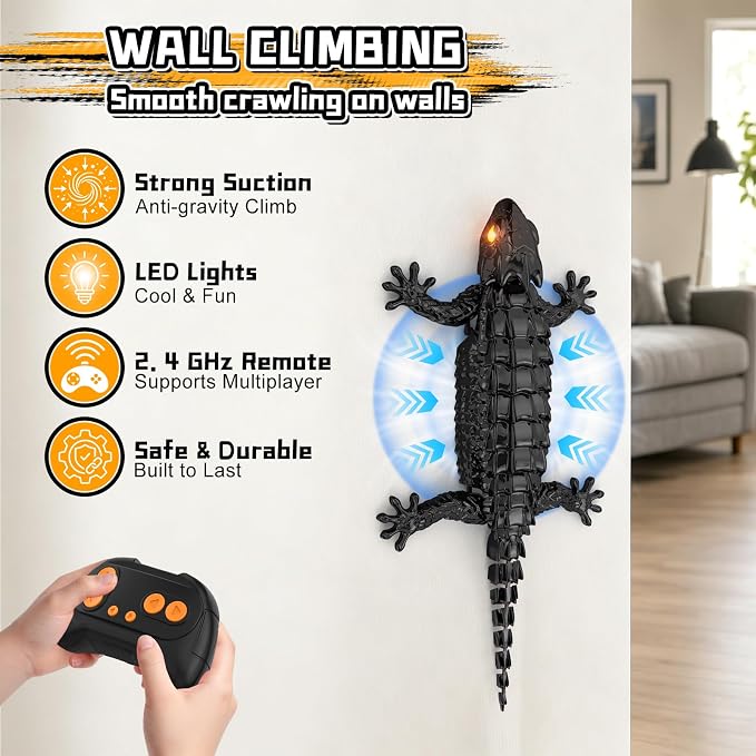 RC Wall Climbing Gecko, Rechargeable Wall Crawler Lizard for Kids Toys, 360° Rotating Remote Control Robot with Light, RC Stunt Car Toys for 3-12 Year Old Boys Girls Kids