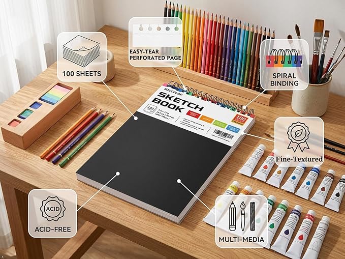 Soucolor 9" x 12" Sketch Book, 100 Sheets Top Spiral Bound Sketchbook with Acid-Free 68lb/100gsm Thick Drawing Paper, Art Sketch Pad for Kids, Adults & Artist, Professional Art Supplies for Beginners