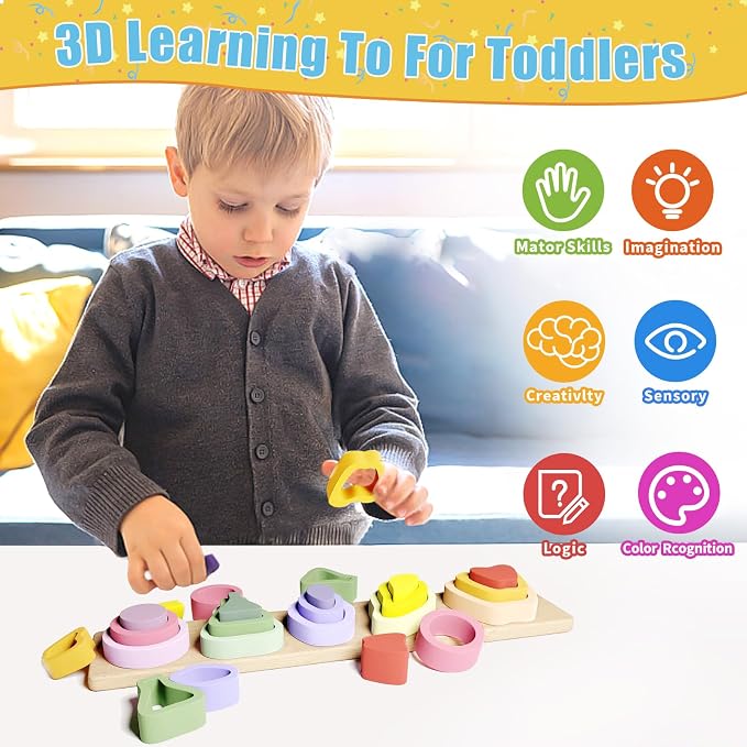 Symdiro Montessori Toys for 1 2 3 Year Old Boys Girls - Wooden Sorting & Stacking Toys for Kids - Toddler Toys Age 1-3 - Shape Sorter and Color Stacker Preschool Kids Gifts