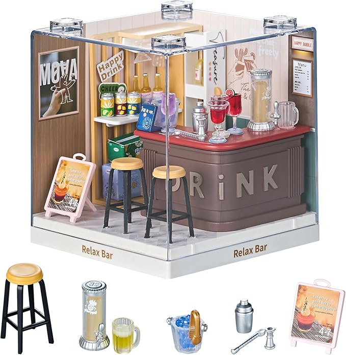 Miniature Lounge Bar DIY Kit with Acrylic Display Case – Cozy Mini Bar Dollhouse Scene, Tool-Free Craft Set for Teens, Adults & Beginners