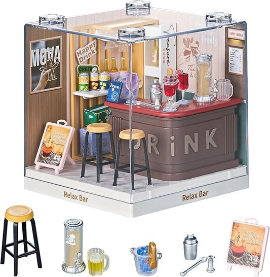 Miniature Lounge Bar DIY Kit with Acrylic Display Case – Cozy Mini Bar Dollhouse Scene, Tool-Free Craft Set for Teens, Adults & Beginners