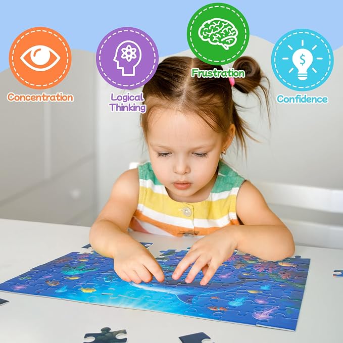 100-Piece Colorful Ocean Puzzles for Kids Ages 4-6 6-8 8-10, 100-Piece Jigsaw Puzzle with Dolphins, Sea Turtles, Fish & Coral – Educational Toy for Boys & Girls – Underwater Animal Puzzle Game
