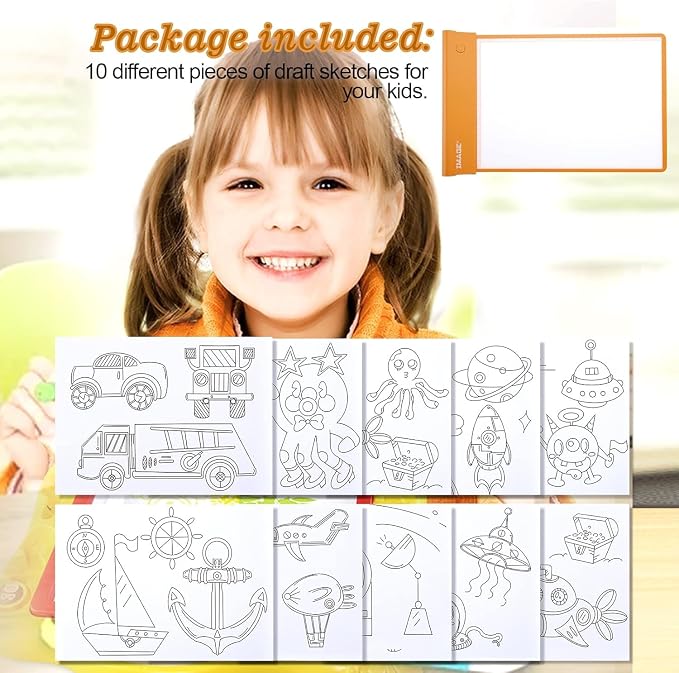 IMAGE Light Up Tracing Pad for Kids Drawing Tablet Board Children Portable Art Christmas Gift for Boys Girls Ages 6+ (Includes 10 Traceable Sheets and Two Clips), Durable & Fun Creative Toy(Orange)