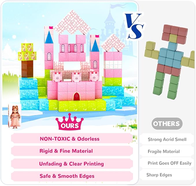 Hiwawind Large Magnetic Blocks 64Pcs (1-Inch), Princess Castle Building Toys, Birthday Gifts for 3 4 5 Year Old Girls, STEM Toddler Travel Toys for Age 3-8