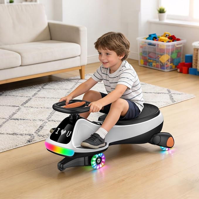 Umatoll 12V Electric Wiggle Car for Kids with Pedal, Display, Rechargeable Battery, LED Light, Bluetooth, Light-Up Wheels, Anti-Rollover, 2 Speeds, Ride on Toys, Birthday Gifts for Age 3+, 150Lbs
