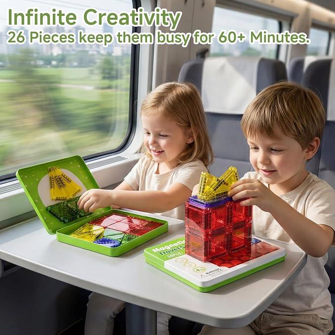 Travel Magnetic Tiles for Kids Car Games: 26 PCS Mini Magnet Building Blocks in Tin Box to Stop Crying - 0.64 lb Pocket Size Educational Toy - Road Trip Essentials - Boys Girls Age 3-8
