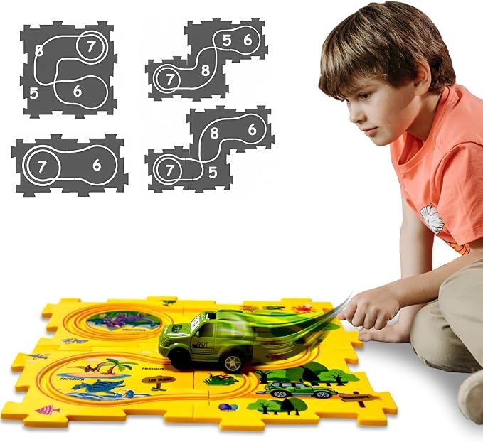 4 Year Old Boy Birthday Gift, Puzzle Racer Kids Car Track Set Puzzle Racer Car Track Set with Roadmap Puzzle Track Car Play Set Toys for 4 Year Old Boys (E-Dinosaur, Set3-5Pcs)