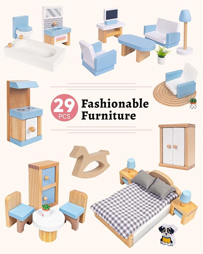 Pterying Wooden Dollhouse for Kids - Doll House with 6 Rooms & 29 Mini Furniture Pieces, Miniature House Kit, Easy Assembly, Pretend Play Toy for Boys & Girls Ages 3+, Fits 4-6 Inch Dolls