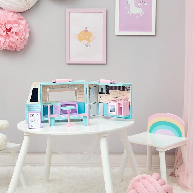 Olivia's Little World Wooden Food Truck Dollhouse + Accessories for 3.5" Dolls, Multi