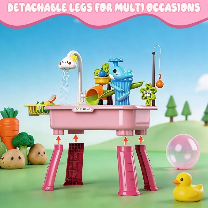 2026 Upgraded Water Table for Toddlers 1-3, Outdoor Water Play Table for Kids Ages 4-8 with Pump, Toddler Water Table, Play Sink with Running Water, Kitchen Sink Toy, Fishing Game, Sensory Table, Pink