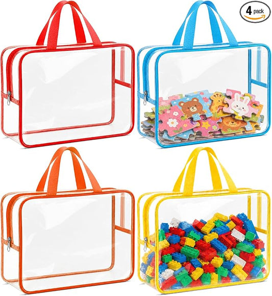Toy Storage Bags, Large capacity Toy Organizers and Storage, Plastic Waterproof Zip Pouches with Labels for Lego, Puzzle, Building Blocks, Board Game, Magnatiles Organizer, Clear Toiletry Bag (4)