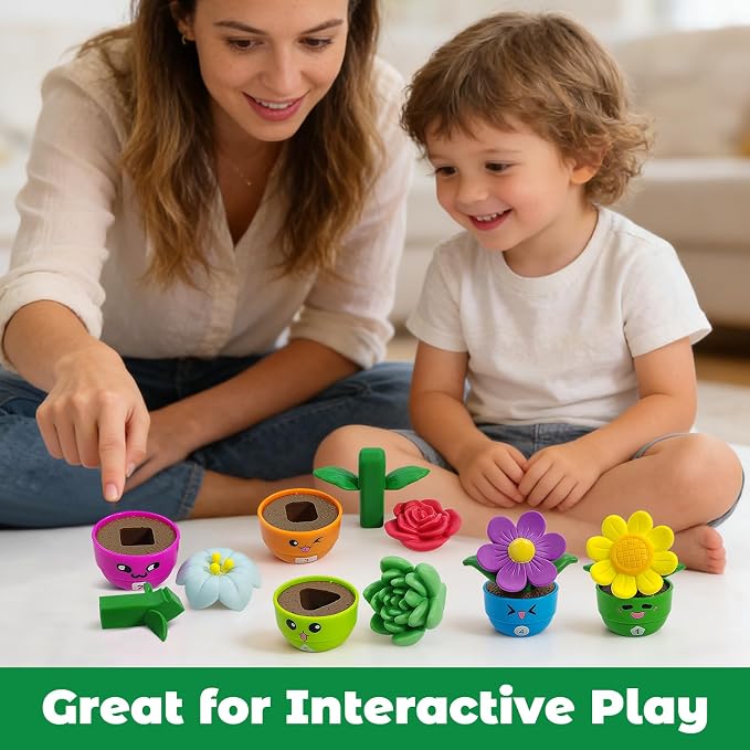 Montessori Flower Garden Building Toy for Girls & Boys, Toddler Gardening Set with 5 Shape & Number Flowers, Preschool Learning Matching & Stacking Game, Sensory Toys Gifts for 1 2 3 Year Old