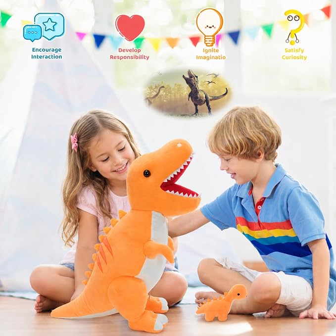 MorisMos Dinosaur Stuffed Animal with Babies,23.6'' Big Mommy Stuffed Dino T Rex with 3 Baby Dino Stuffed Toys & 3 Eggs Plush Inside Belly, Boy Girl Dinosaur Toys for Kid 3-5,Orange T Rex Toys Gift