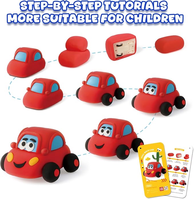 Air Dry Clay Kit for Kids - Pull Back Car Making, 3 Boxes Modeling Clay with Sculpting Tools, Base, Backing Board, Tutorial, Ultra Light & Soft, Non-Toxic & Safe, Creative DIY Arts and Crafts Toys