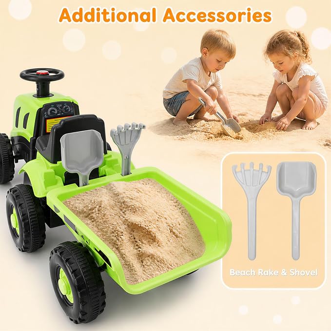 Kids Ride on Tractor, 2 in 1 Foot to Floor Push Car w/Detachable Trailer, Horn, Rake & Shovel, No Power Sliding Toy Gift for Toddlers, Outdoor Ride on Construction Vehicle (Green)