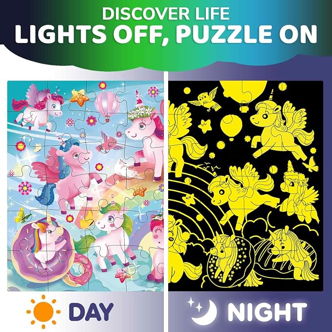 QUOKKA Giant Floor Puzzles for Kids Ages 4-6 – 2x3 Ft Glow in the Dark Jumbo Jigsaw Puzzles for Kids Ages 3-5 – 48 Large Pieces Magic Fantasy Unicorn Scene for 4-8 yo – Toy with Gift Box for Toddlers