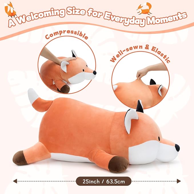 MorisMos 23.6" Red Fox Stuffed Animal, Cute Fox Plush Pillow, Fluffy Fox Pillow for Sleeping, Squishy Cuddle Buddy and Supportive Lumbar Cushion, Christmas Valentine’s Birthday Gift for Kids & Adults