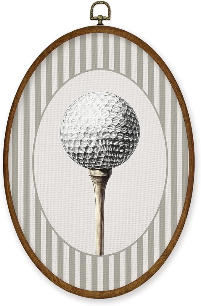 WULQYING Golf Ball Sports Nursery Wall Art Decor, Boys Room Oval Framed Canvas Art Prints, Neutral Striped Sport Lover Gift Wall Hanging Decor for Kids Nursery Room Playroom, 8.5x11.3 Inches