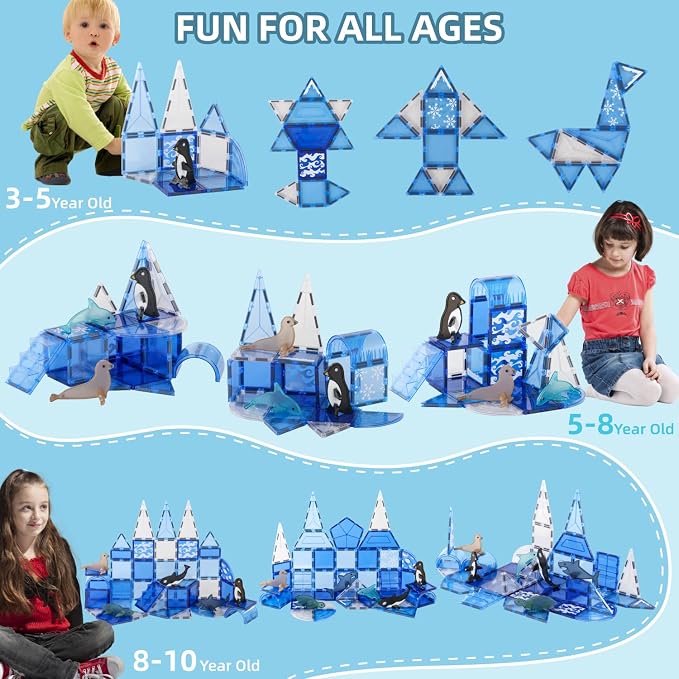 Arctic Animals Magnetic Tiles for Kids Ages 4-8, Aquarium Magnetic Building Set with 6 Sea Animals, Educational Magnet Blocks for School Toddlers, Birthday Xmas Gifts for Grandkids Boys Girls 3-5 4-6