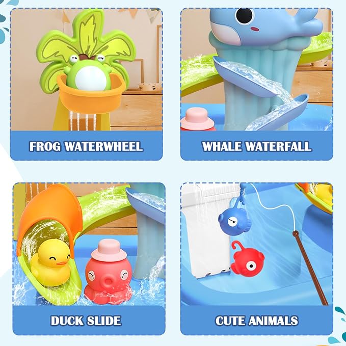 Water Table for Toddlers 1-3, Kids Play Sink for Toddlers with Pump, Whale Slide, Waterfall Shower & Pretend Kitchen Accessories, Summer Baby Water Toy for Outdoor Backyard Sensory Play（Blue）