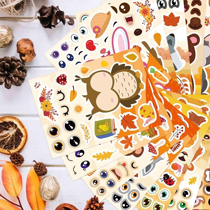24 Sheets Fall Stickers for Kids Toddlers, Autum Animal Stickers Make-a-face Sticker Make Your Own Sticker 8 Designs of Animal Owl Squirrel Hedgehog Fox Fall Party Decorations Supplies