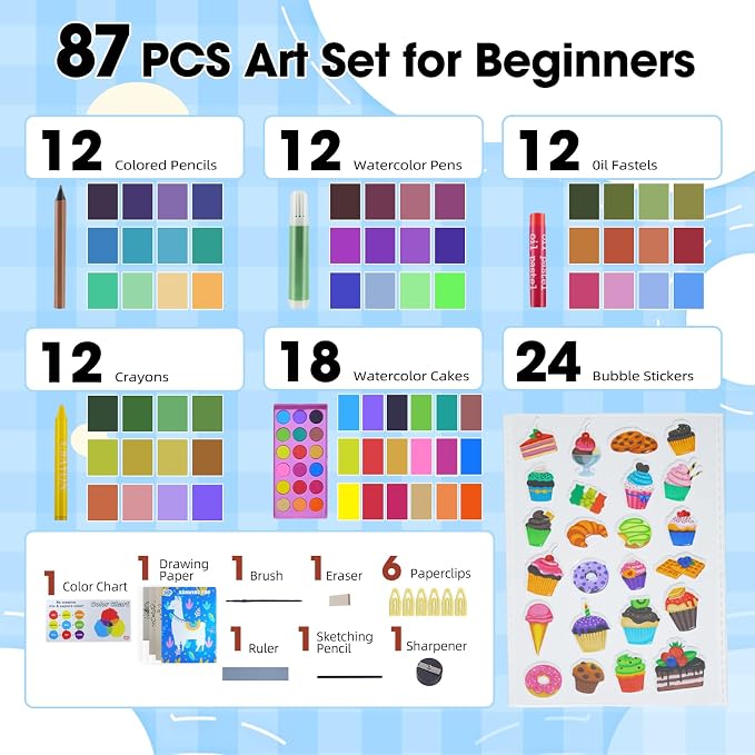 KIDDYCOLOR Kids Art Set, Drawing Art Supplies for Girls & Boys Ages 4-8 with Watercolor Cakes, Oil Pastels, Colored Pencils, Ideal Gift for Young Artist, Black-87pcs