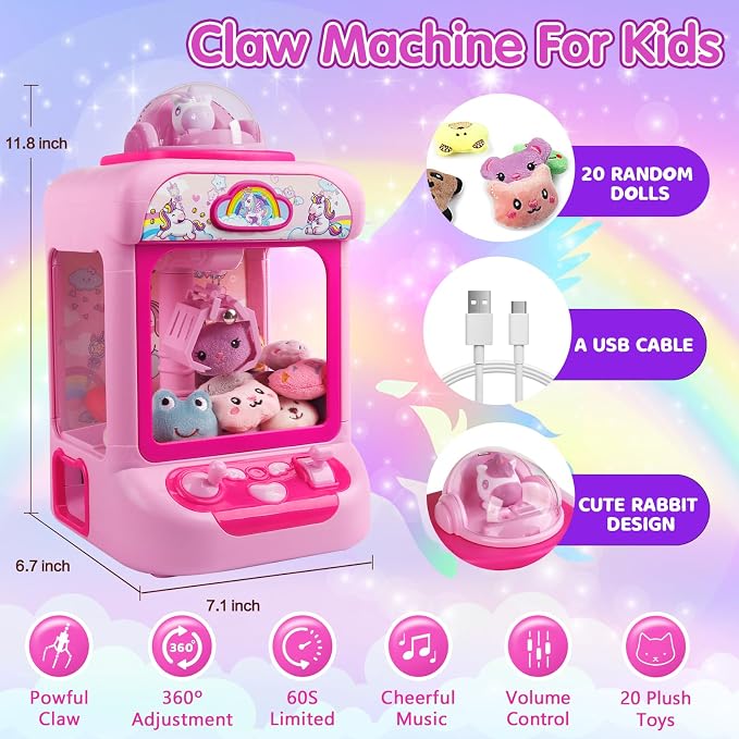 TingingYuli Mini Claw Machine for Kids - Unicorn Candy Grabber Vending Machine Toy with 20 Plush Prizes, Arcade Prize Dispenser Game, Girl Toys Age 3-8, Christmas Birthday Easter Gift