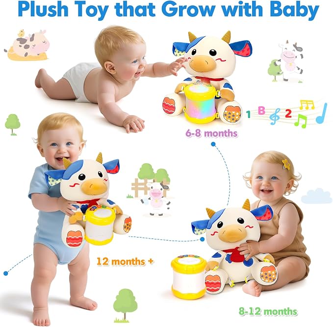 V-Opitos Stuffed Cow Musical Toys for Baby 6-12 Months+, Early Learning Light up Music Drum, Perfect Christmas Birthday Gifts for Boy & Girl Age 1, 2 Years Old