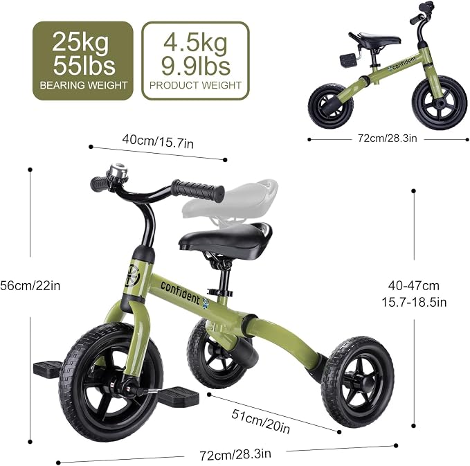 YGJT 3 in 1 Tricycle for Toddlers Age 2-5 Years Old, Folding Kids Balance Bike with Adjustable Seat and Removable Pedal, Toddler Bike Ride-on Toys for Infant, Gifts for Baby Boys Girls