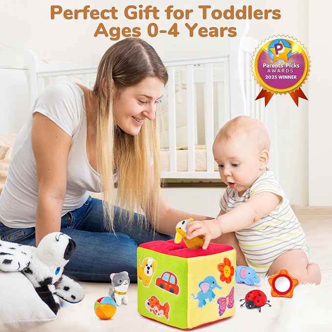 JoyCat Baby Toys 6-12 Months - Mystery Soft Box with 10 Sensory Objects, Rattle, Crinkle Paper, Mirror - What's Inside Box Infant Gifts, Soft Busy Toys 1-2 - Baby Easter Basket Stuffers Gifts