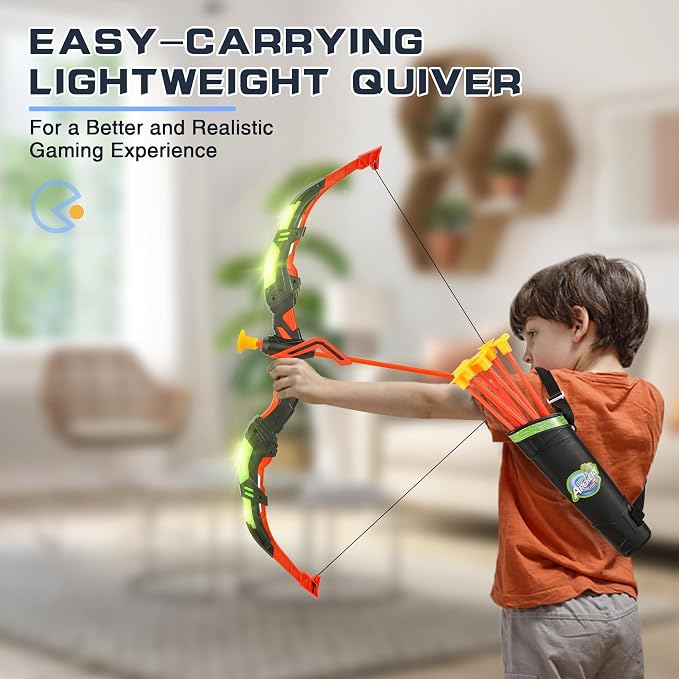 Bow and Arrow Set for Kids, 2 Pack LED Light Up Archery Set with 20 Suction Cup Arrows, Indoor and Outdoor Toy for Boys Girls Age 4-8 8-12 with Standing Target&2 Quivers, Birthday Gift 3-12 Years Old