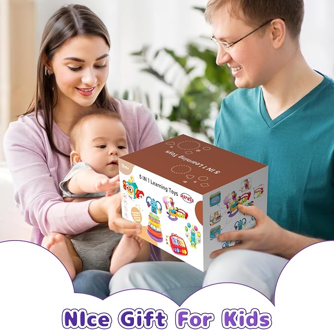 usrela 5 in 1 Baby Toys for 12 18 Month, Learning Toy for Babies 12-18 Months, Baby Busy Cube, Stacking&Sensory, Pull String&Piano Xylophone Toy, Birthday Gift for 12+ Month