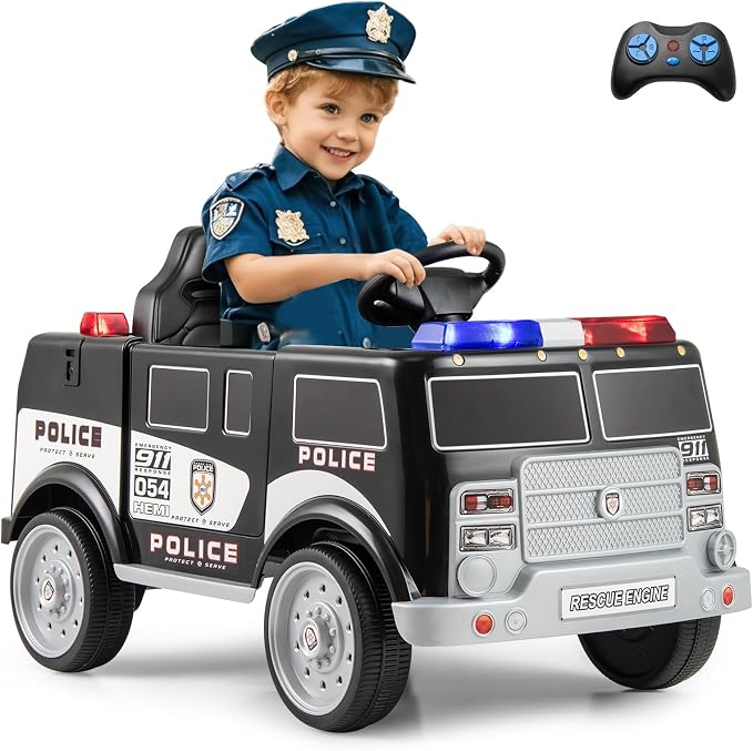 Costzon Ride on Police Car, 12V Battery Powered Electric Cop Cars for Kids w/3 Speeds, Megaphone, Music, FM Radio, Flashing Lights, Sirens, Ride on Toy w/Remote Control for Boys Girls 3+(Police Truck)