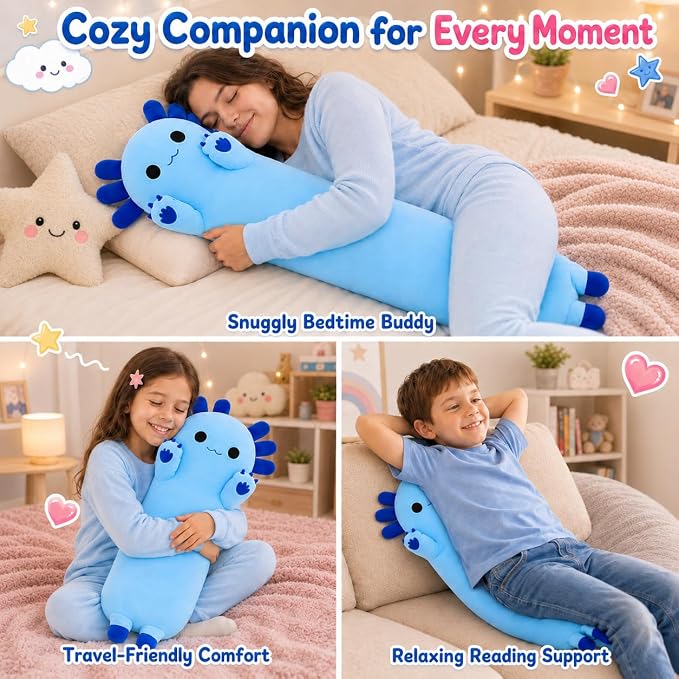 Long Axolotl Stuffed Animals 43.3, Soft Long Axolotl Plush Pillow Cute Plush Pillow Gifts for Kids Girlfriend, Blue