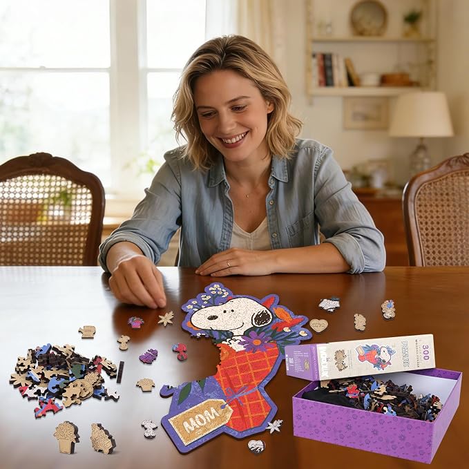 Peanuts Puzzles for Adults – Wooden Puzzles Gifts for Mom Grandmother Daughter, 300 Pieces Unique Shaped Jigsaw Puzzles, 5MM Thick, Officially Licensed Merchandise – Mom Bouquet, 17.7" x 11.5"