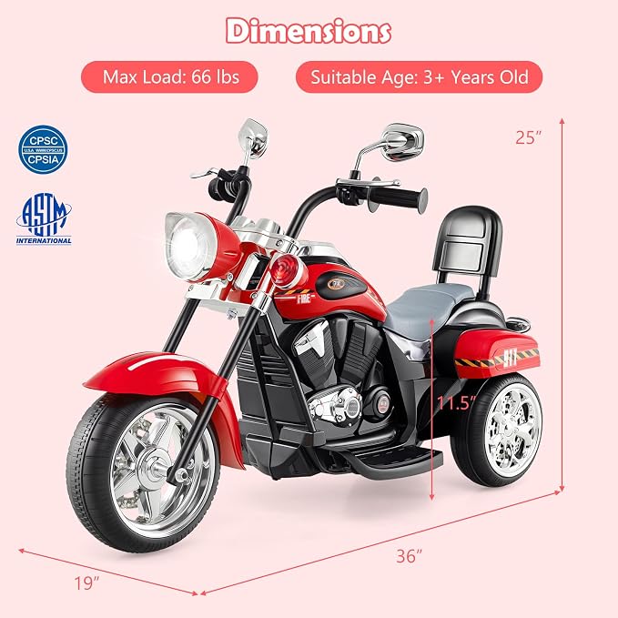 Costzon Kids Motorcycle, 6V Battery Powered Ride on Chopper Motorcycle w/Horn, Headlight, 3-Wheel Stable Ride on Toys, Electric Toddler Motorcycle for Kids, Gift for Boys Girls (Fire Red)