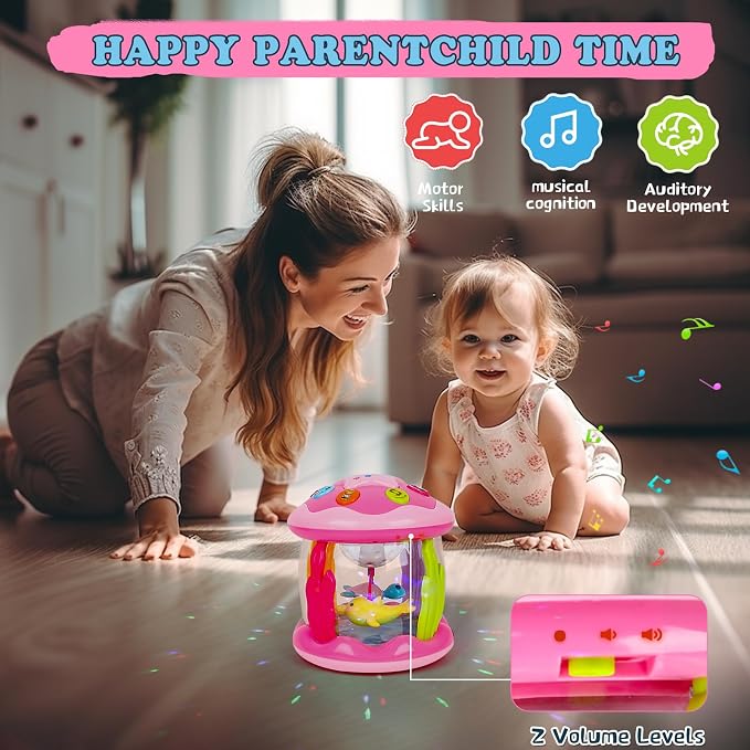 M SANMERSEN Baby Girl Toys 12 Months - Babies Ocean Rotating Projector Light Up Musical Toys for 12-18 Months Crawling Learning Tummy Time 1 2 Years Old Infant Boys Girls Pink