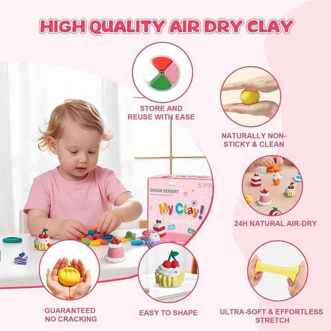 Air Dry Clay Kit, Modeling Clay for Kids, 12 Pack Dessert Theme, Soft Non-Sticky, Non-Toxic DIY Arts & Crafts with Sculpting Tools & Tutorials, Birthday Holiday Classroom Gifts, Party Favors for Kids