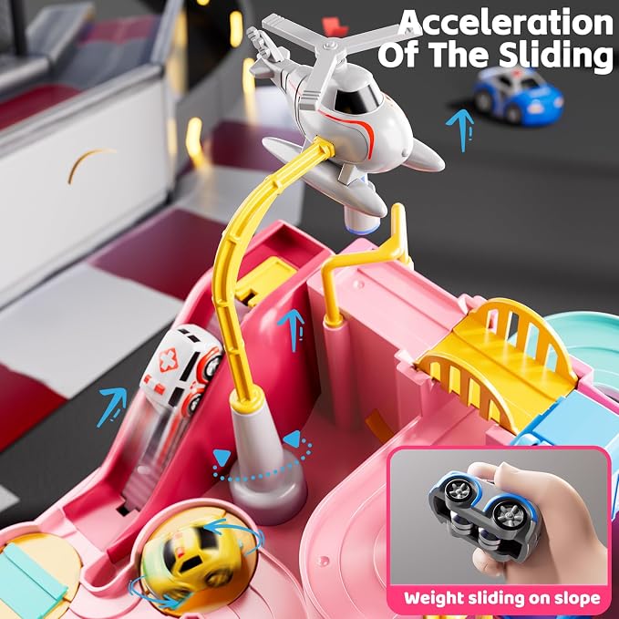 Car Race Track for Kids Ages 4-8, Kids Car Toys for 3 Year Old Boys, Race Track for Toddlers 3-5, City Set with 3 Small Cars and Helicopter, Educational Birthday Gifts (Pink)