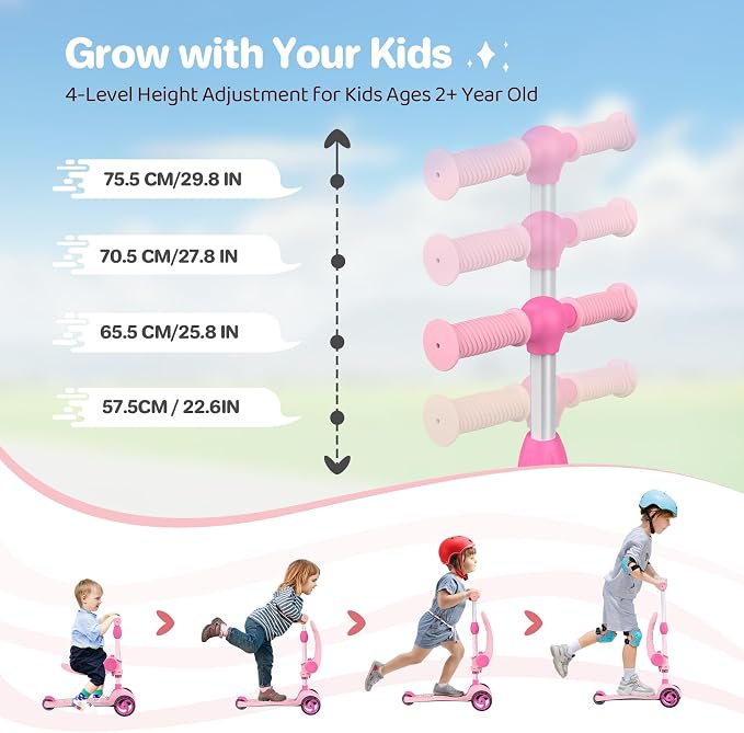 TONBUX Kids Scooter with Seat, 3 Wheels Scooter with PU Luminous Wheels, Non-Slip Handle and Wide Deck, Sensitive Brakes, 4-Level Adjustable Height, Scooters for Kids 2–8 Years