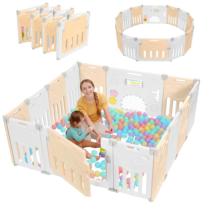 Dripex Baby Playpen, 14-Panel Foldable Playard for Toddlers 6-36 Months, Adjustable & Portable Indoor Outdoor Safety Play Area with Anti-Pinch Design, Game Panel and Safety Gate, Yellow White