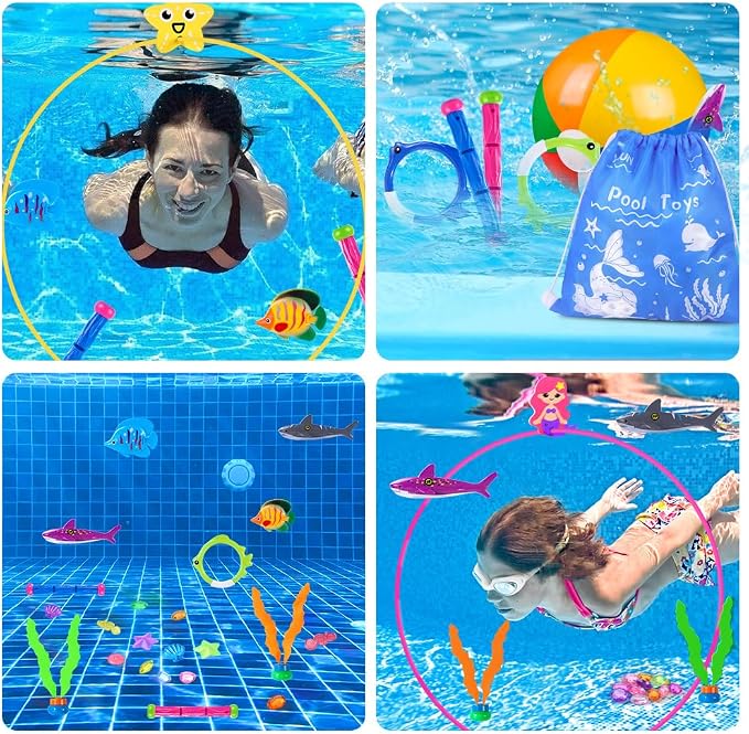 YUJUN 31 PCS Pool Diving Toys Big Rings Swim Thru Rings Pool Game Toys Summer Underwater Game with Pool Fishes Dive Sticks Gems Storage Bag Swim Birthday Party Favors for Kids Teens Adults