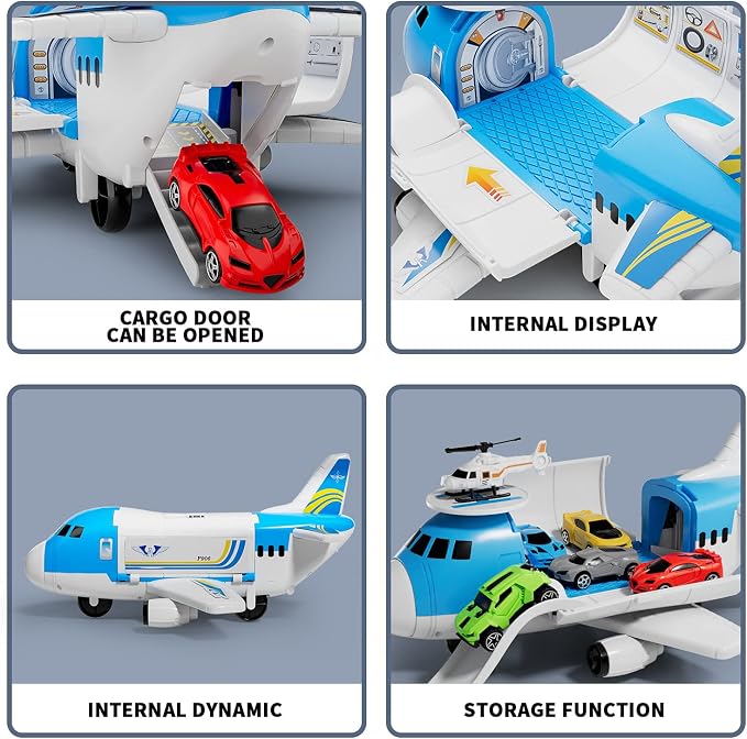 LOVE LIFE Airplane Toy Set Transport Cargo Plane Play Toy Gift for 3 4 5 6 Years Old Boys Girls Kids,Aircraft Vehicle Toys with 5 Mini Cars,Helicopter and Construction Worker